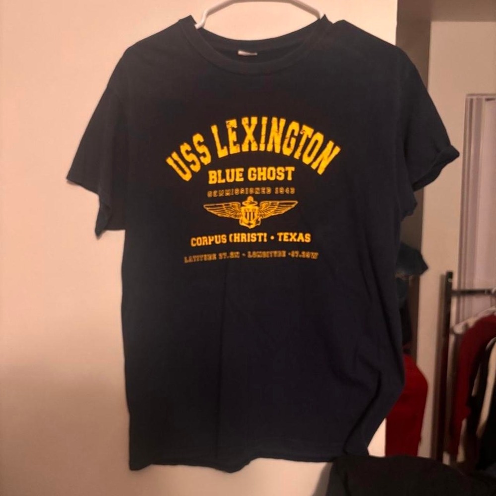Navy blue USS Lexington Blue Ghost t-shirt with yellow text and emblem